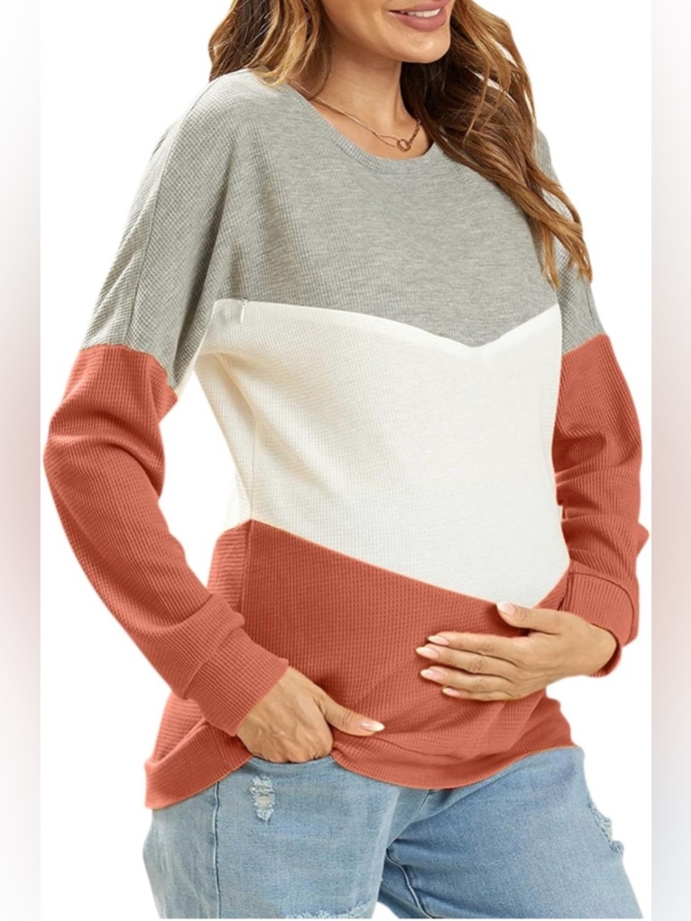 Colorblock Knit Pullover Sweater - Gray, Ivory & Rust- nursing top